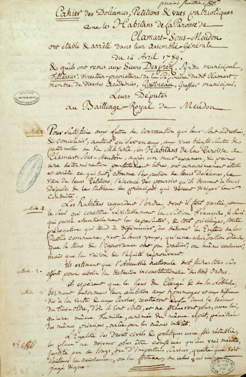 Cahier de doléances de Clamart, 1ere page, 14 avril 1789. 13B3