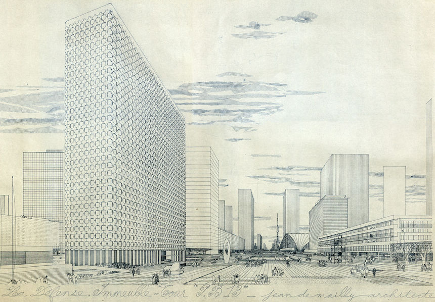 "Paris-la Défense. Immeuble –tour PB 13. Jean de Mailly". Dessin du parvis depuis la tour Générale vers le CNIT. Vers 1970