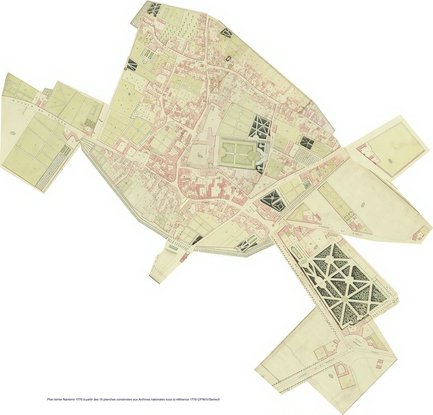 Plan détaillé du bourg de Nanterre levé en 1778, version assemblée à partir des documents conservés aux Archives nationales.