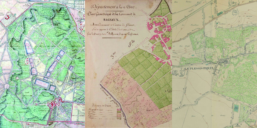 Trois extraits illustrant la richesse de la cartographie historique. En partant de la gauche :  le château et  le hameau de Chaville en 1723, le bourg de Bagneux en 1807 avec ses jardins et le hameau de Robinson au Plessis-Picquet en 1900.