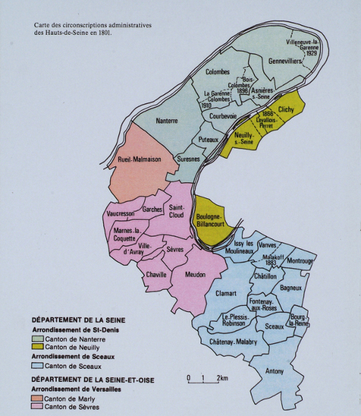 Carte des circonscriptions adminstratives des Hauts-de-Seine en 1801.